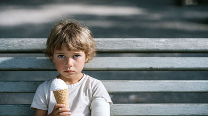 A contemplative child sits on a bench, holding an ice cream cone. The young boy has a sad expression on his face and a cast on his arm. Childhood, summer, and vulnerability concepts.