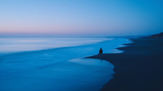 Solitary figure sitting by a calm sea coast at dusk, reflecting on tranquil waters and soft waves, creating a serene atmosphere of peace and contemplation
