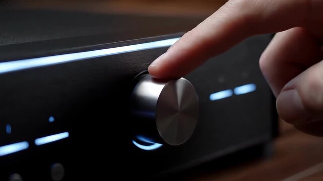 Close-up of a person adjusting the volume on a modern black audio amplifier with blue LED lights, highlighting the sleek design and user interaction with the electronic device.