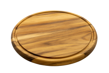 Round wooden cutting board crafted from teak wood perfect for food preparation and serving isolated on white on Transparent Background