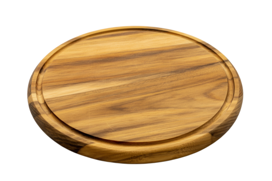Round wooden cutting board crafted from teak wood perfect for food preparation and serving isolated on white on Transparent Background