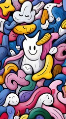 Obraz premium A vibrant and playful abstract doodle pattern filled with various cartoonish shapes and characters in bright colors.