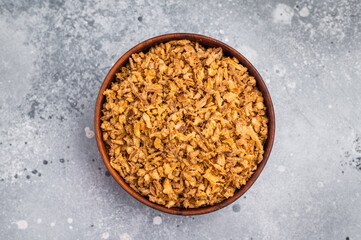 Crispy Fried Onion, Roasted dried Onions. white background. top view