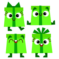 Cute Green Gift Box Characters with Various Expressions