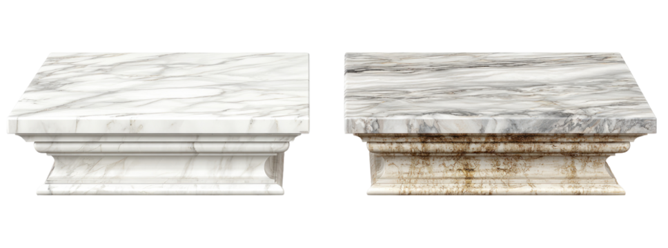 Two marble-look countertop samples, one light and one stained