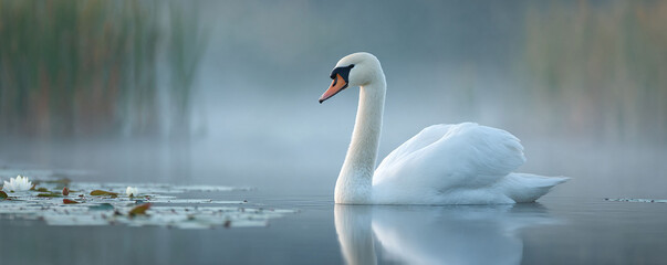 Fototapeta premium Elegant white swan gliding on tranquil water. Serene nature scene with water lilies. Symbol of grace, beauty, and peace. Ideal for backgrounds creative projects.