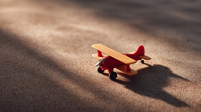Dreamy scene featuring a toy biplane on a sandy surface, evoking travel, adventure, childhood dreams, and nostalgia. Ideal for travel agencies, blogs, or inspirational content.