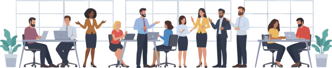 Diverse Business People Working and Collaborating in Open Office. Teamwork, Communication, and Corporate Staff Discussion Vector Illustration.