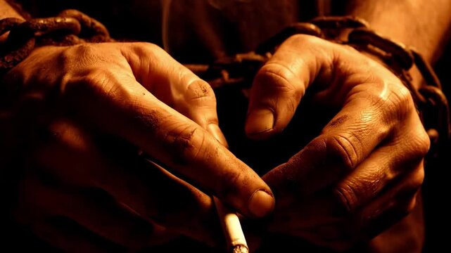 Close-up of chained hands holding a lit cigarette, symbolizing addiction and struggle.