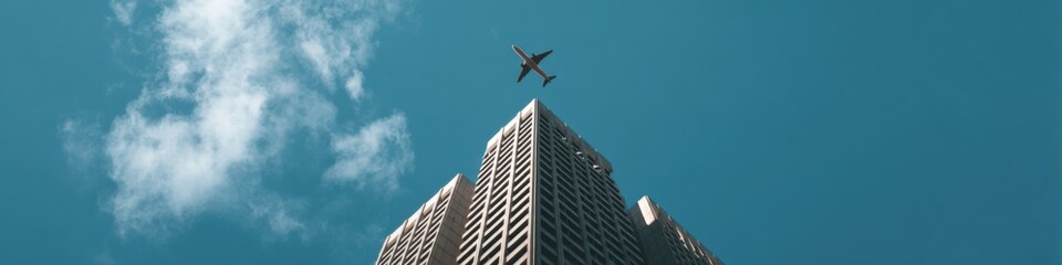 Obraz premium Airplane soaring above skyscraper against clear blue sky