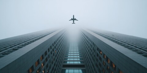 Airplane flying over skyscrapers in foggy cityscape