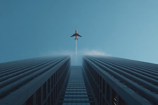 Airplane flying between tall skyscrapers against blue sky - Powered by Adobe