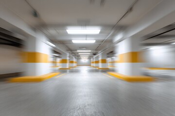 Obraz premium Empty underground parking garage with yellow markings and blurred perspective