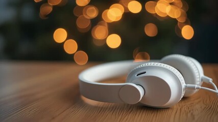 White headphones on wooden table with festive holiday lights in background 
