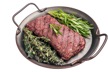 Grilled Flank or Flap steak, BBQ beef meat with thyme and spices on plate isolated on white background. top view