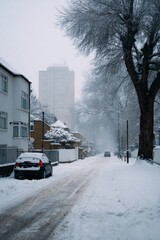 Fototapeta premium Snow-covered urban street in winter with tall building in the distance
