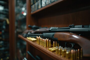 Shotguns and ammunition displayed in gun store shelves
