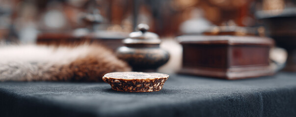 Antique curiosities on dark fabric. Elegant details. Evokes nostalgia, history, and craftsmanship. Ideal for vintage designs and historical themes.