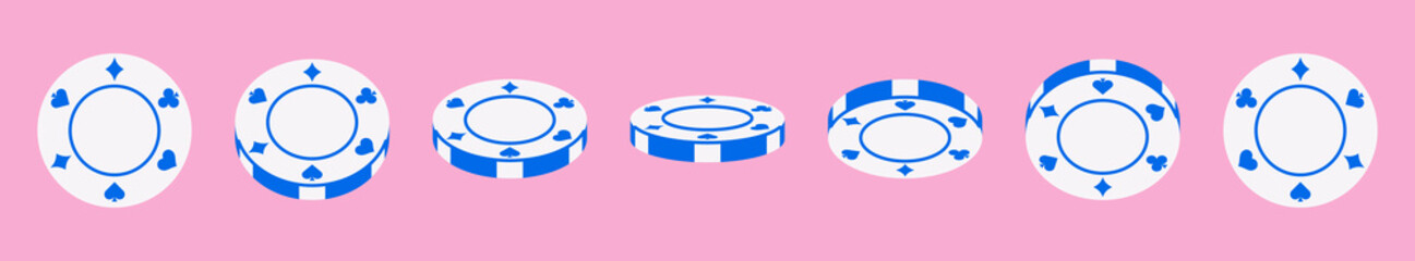Vector illustration of a spinning poker chip shown from multiple angles. Flat style, perfect for animation, casino, poker, and gambling projects.