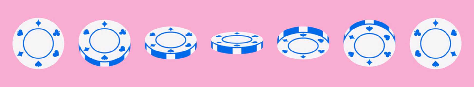 Vector illustration of a spinning poker chip shown from multiple angles. Flat style, perfect for animation, casino, poker, and gambling projects.