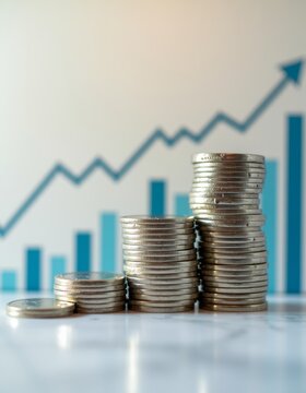 Close up stack of shiny silver coins in front of financial chart represents prosperity growth finance recession crisis money investment chart stock graph business