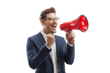 Excited young businessman shouting into a red megaphone celebrating success on Transparent Background