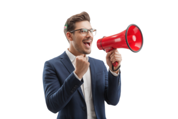 Excited young businessman shouting into a red megaphone celebrating success on Transparent Background