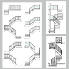 Architectural Drawings of Various Staircase Designs