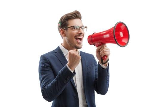 Excited young businessman shouting into a red megaphone celebrating success on Transparent Background