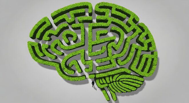 Human brain shaped as a green labyrinth with a small person at its base - Powered by Adobe