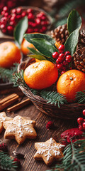 Christmas Scene with Mandarins and Cookies on the table with Christmas Decorations
