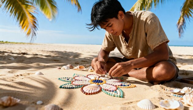 Young man creating a colorful seashell mandala on a sandy beach. Artist making a flower mosaic craft with natural materials. Creative hobby and mindfulness in a tropical setting. - Powered by Adobe
