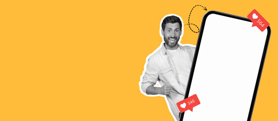 Dynamic collage highlights a cheerful person interacting with a smartphone. The backdrop is bright yellow, emphasizing social media likes and comments.