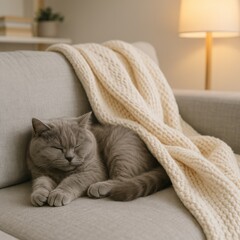 Cozy Cat Sleeping on Sofa