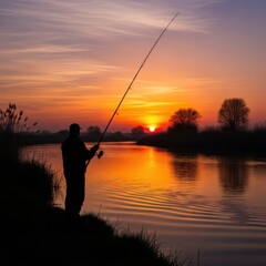 Illustration of silhouette of a fisherman fishing in a river at sunset with orange sky