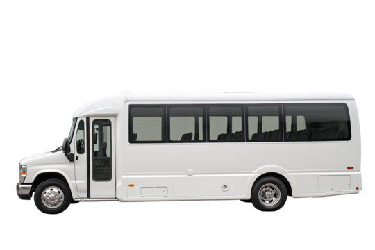 White shuttle bus side profile