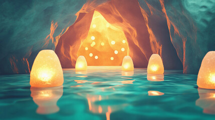 enchanted cave with glowing stones in crystal clear water and warm ambient lighting
