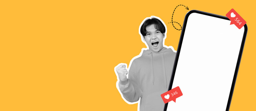 A young person with a joyful expression celebrates social media success, surrounded by vibrant colors and digital elements. This lively scene captures a moment of triumph and excitement.