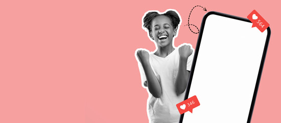A joyful girl shows excitement with raised fists beside a smartphone graphic. The background is pink, highlighting her happy expression.