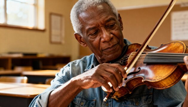 A focused senior african american man playing the violin in a classroom. An elderly musician practicing a classical string instrument. Lifelong learning and retirement hobby concept