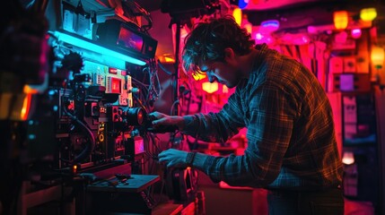 Obraz premium A filmmaker adjusts camera settings in a vibrant, illuminated studio during a captivating night shoot.