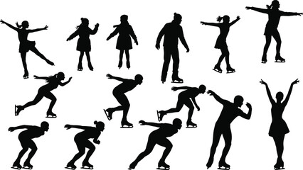 Ice Skater Silhouette Vector Set – Graceful and Athletic Poses for Winter Sports, Figure Skating, and Speed Skating Graphics