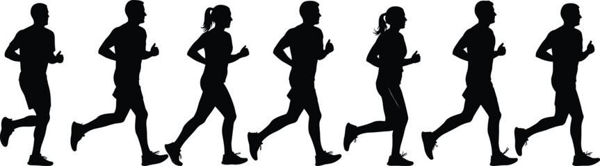 Obraz premium Running people silhouettes in dynamic motion poses, showcasing athletic stride stages for fitness, sports, and animation design themes.