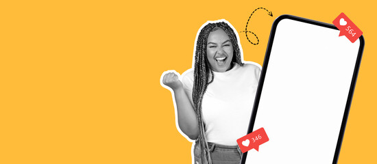 A joyful person expresses excitement about social media engagement. Bright yellow background complements the lively scene.