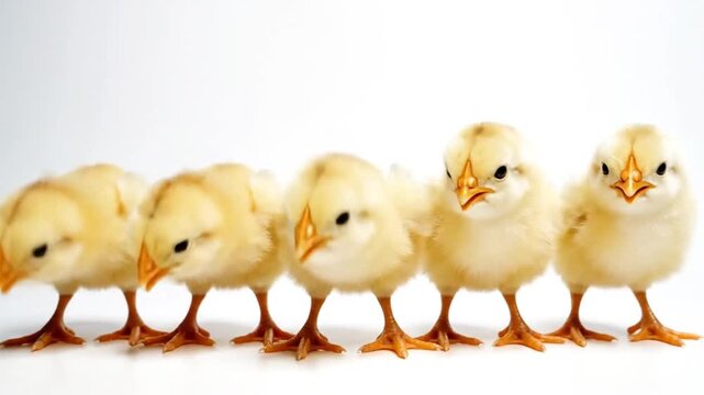 Five fluffy yellow chicks standing in a row against a white background
