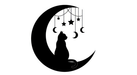 Black Cat on Crescent Moon with Stars and Moon Phases