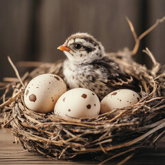 newborn chick in a nest with speckled eggs highlighting nature and fresh beginnings