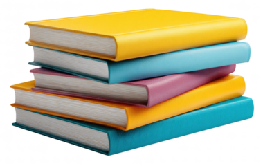 Bright stack of hardcover books with smooth covers and clean edges, minimal modern design, isolated on transparent, sharp detail