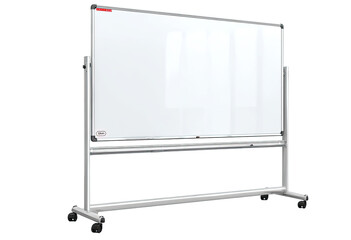 A freestanding, wheeled whiteboard with a large, rectangular, transparent surface.  The frame is a light gray metal