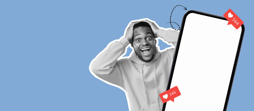 A lively collage showcases a joyful individual expressing excitement. The background highlights a blank smartphone screen with social media notifications suggesting user engagement and popularity.
